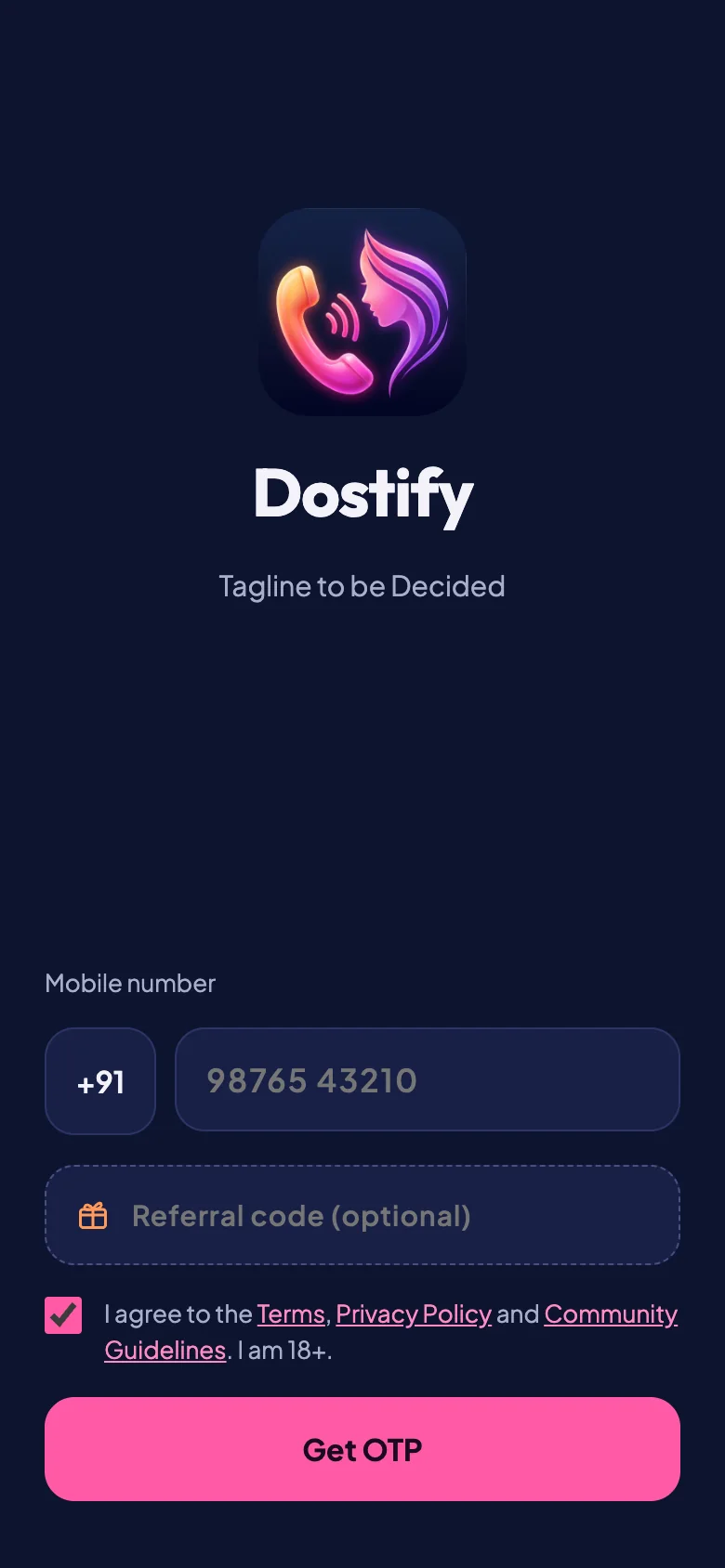 Dostify caller app sign-in screen with mobile number, OTP and an 18+ confirmation.