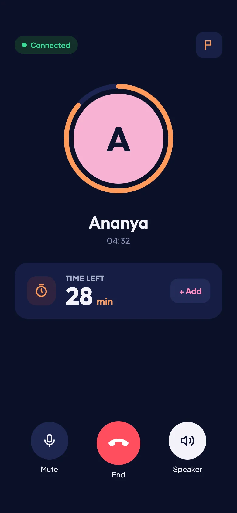 Connected voice call showing call duration, talk time left and mute, end and speaker controls.